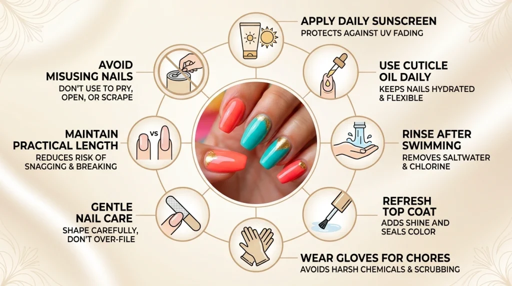 Infographic showing expert tips to make your summer manicure last longer.