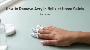 Hand with three fingertips covered in foil on a bathroom counter, showing how to remove acrylic nails at home
