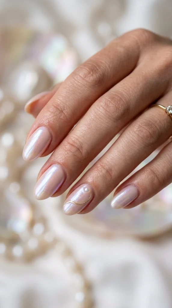Close-up of iridescent pearl almond nails with luminous opalescent shimmer.