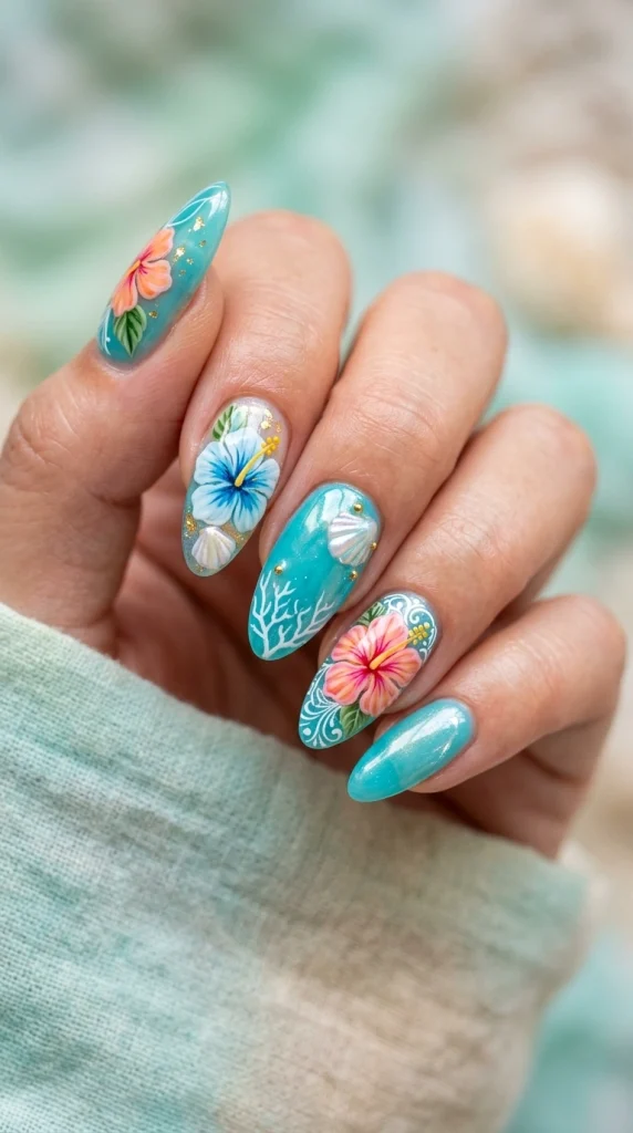 Close-up of tropical island-inspired almond nails with hibiscus flowers, turquoise, and seashell details.