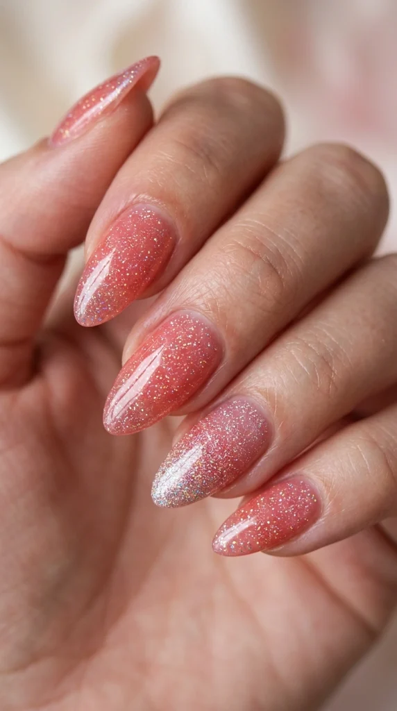 Close-up of translucent jelly glitter almond nails with dimensional sparkle.