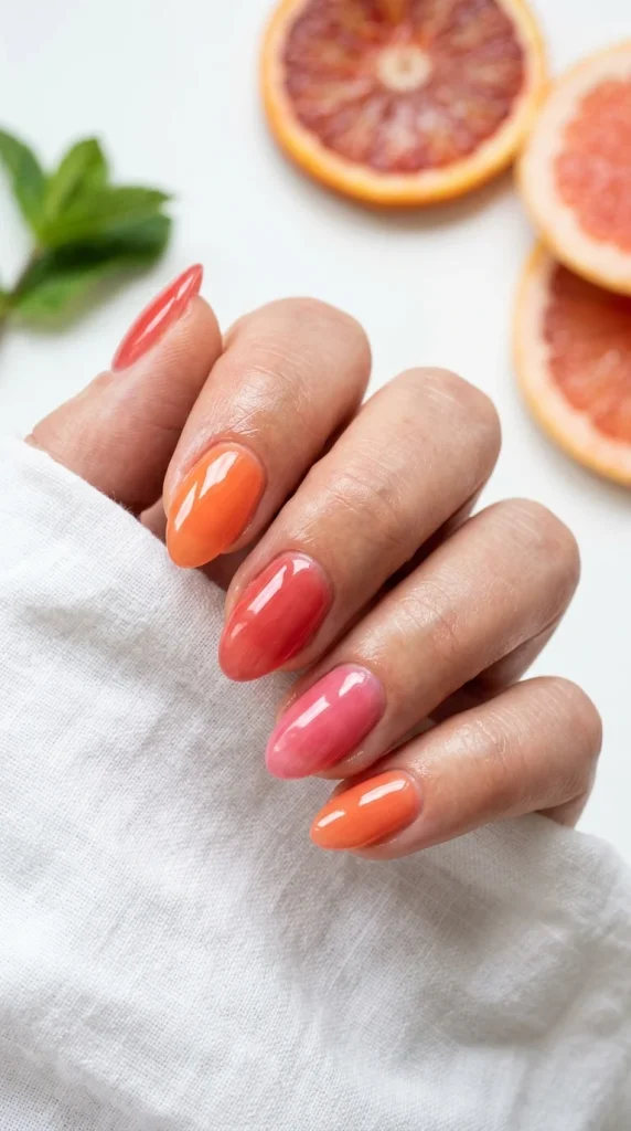 Close-up of translucent jelly nails in glossy pink and coral shades, one of the top summer nail trends for 2026.