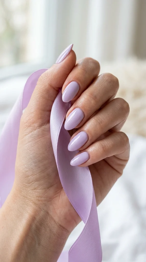 Close-up of glossy lavender lilac almond nails, a soft pastel purple summer nail color for 2026.