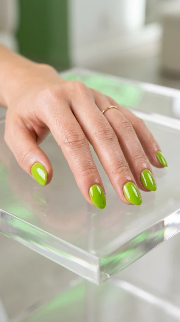 Close-up of glossy lime green almond nails, a bold and vibrant summer nail color for 2026.