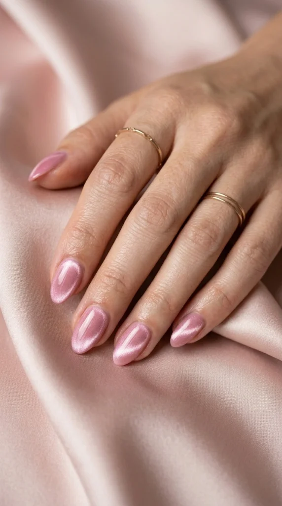 Close-up of pink velvet cat-eye nails with magnetic shimmer and a multidimensional glossy finish.
