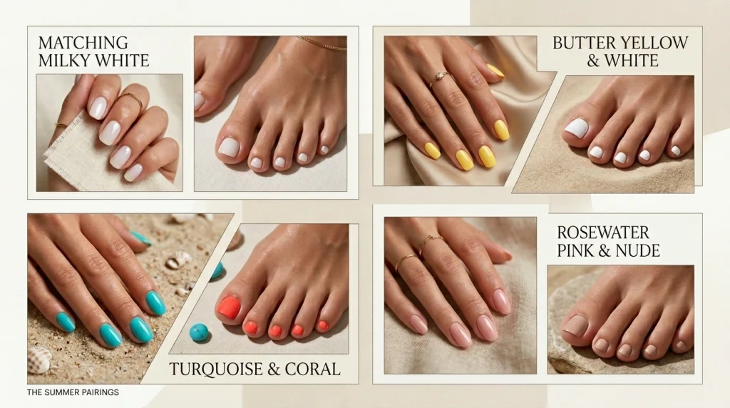 Collage showing matching summer manicure and pedicure ideas including coral, butter yellow, turquoise, and nude nail combinations.