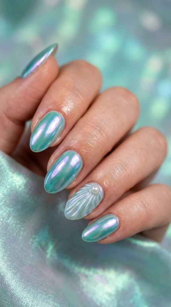 Close-up of iridescent mermaid chrome almond nails in teal, aqua, and pearl tones.