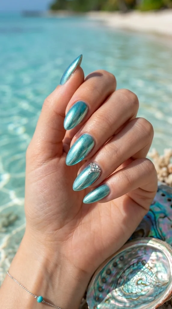 Close-up of reflective metallic turquoise almond nails with ocean-inspired shine.