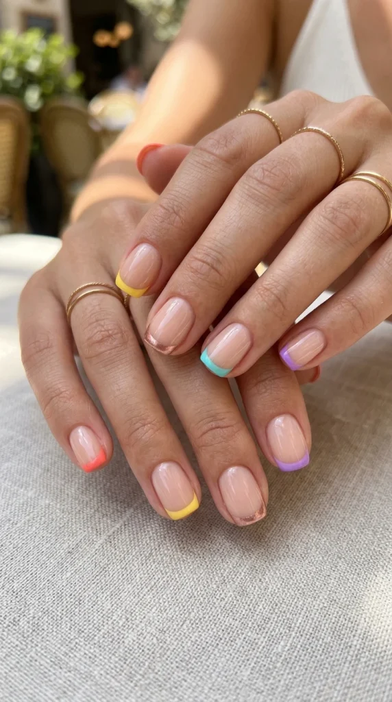 Close-up of sheer nude almond nails with ultra-thin white micro-French tips, a classy summer nail trend for 2026.