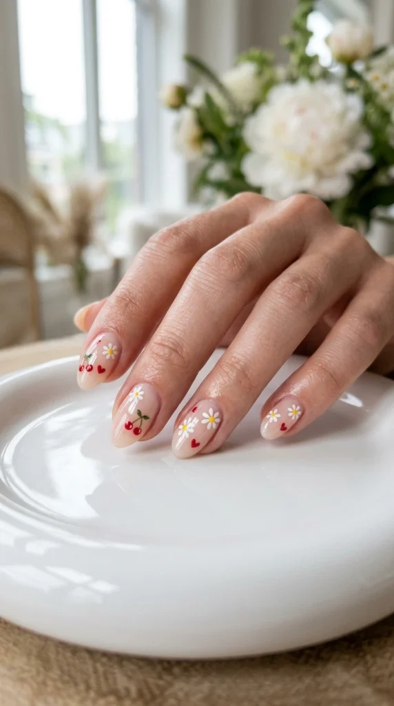 Close-up of sheer nude nails with tiny cherry, daisy, and heart motifs, a cute summer nail trend for 2026.