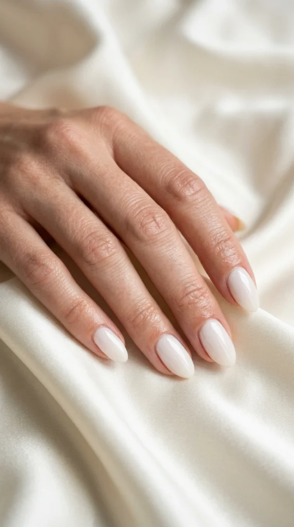 Close-up of glossy milky white almond nails with a clean and elegant summer manicure.