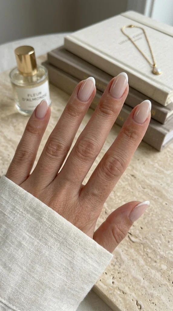 Close-up of glossy milky white micro-French almond nails, a classy summer nail trend for 2026.