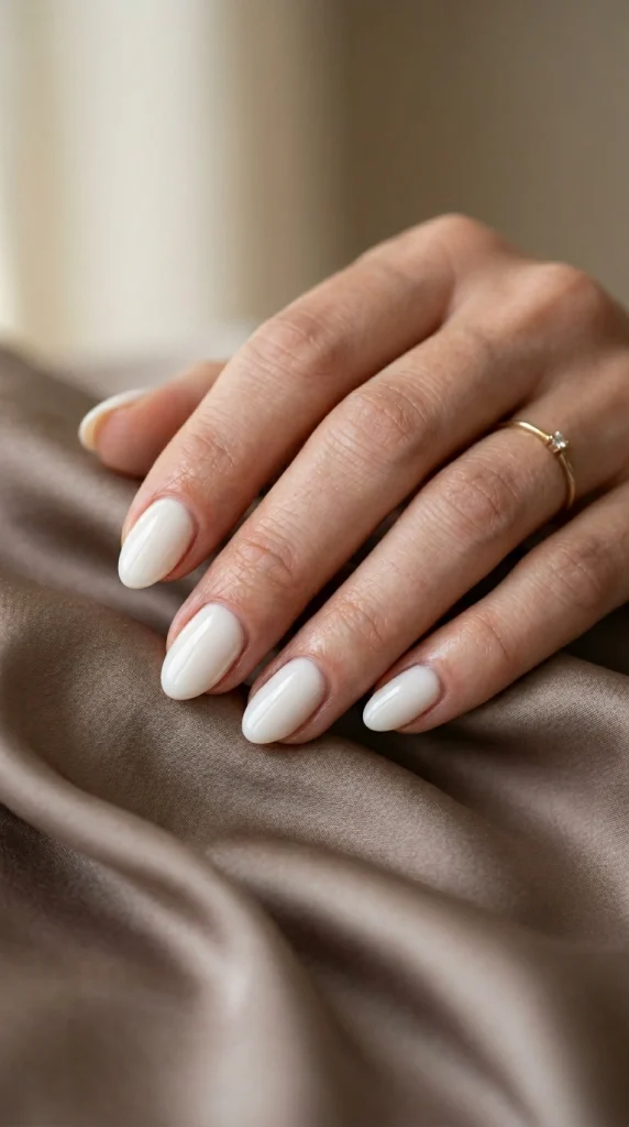 Close-up of glossy milky white almond nails, a timeless and elegant summer nail color for 2026.