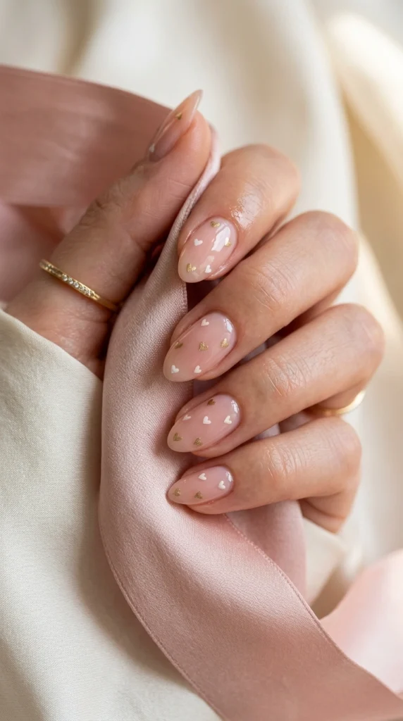 Close-up of sheer nude almond nails with tiny red and pink heart nail art.