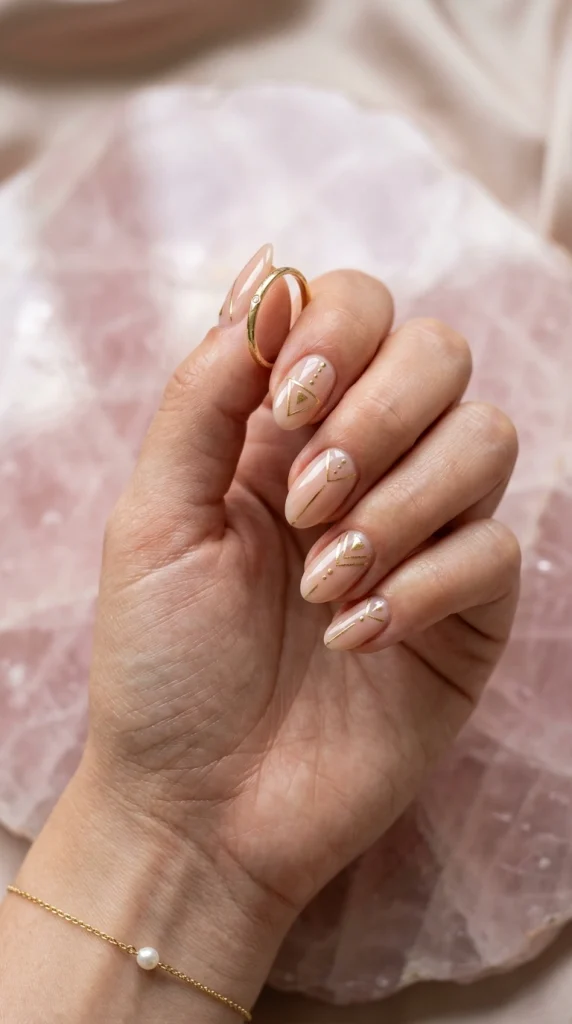 Close-up of sheer nude almond nails with thin metallic gold line accents.