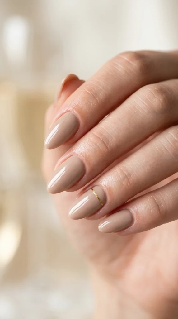 Close-up of glossy beige nude almond nails with an elegant vacation-ready finish.