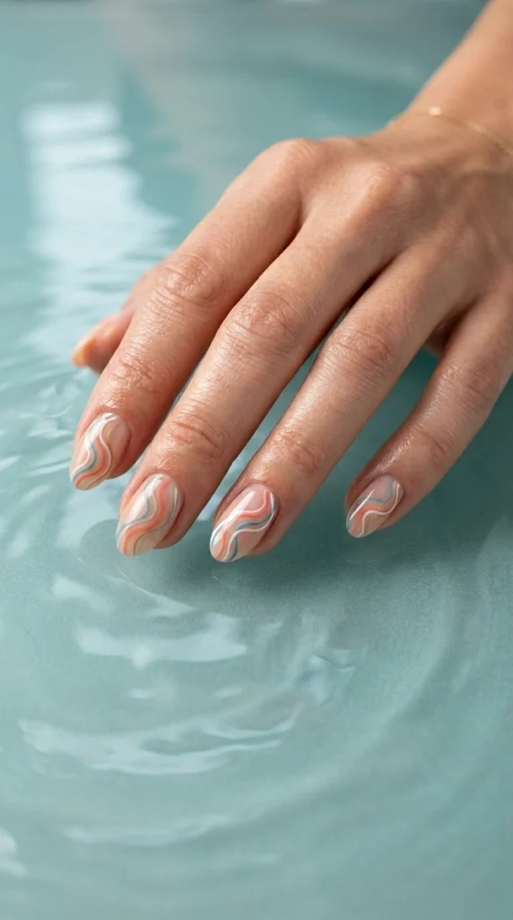 Close-up of nude almond nails with a minimalist coral or blue wave accent.