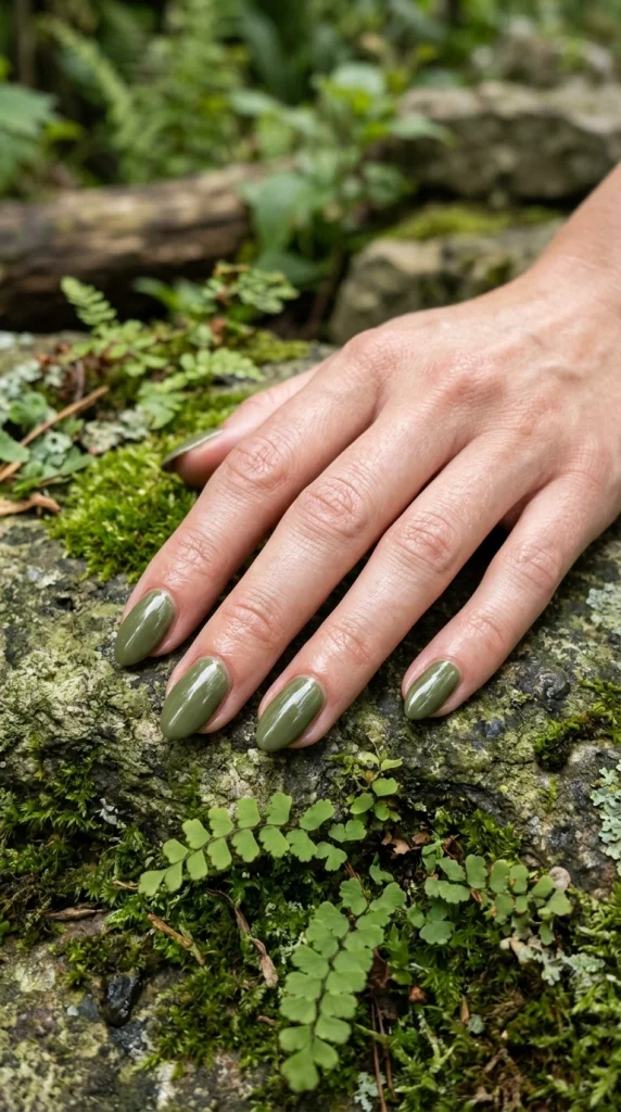 Close-up of glossy moss green almond nails, an earthy muted green unexpected summer nail color for 2026.