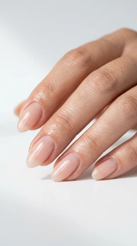 Close-up of natural-looking glossy nail glow manicure on short almond nails with a healthy pink shine.

