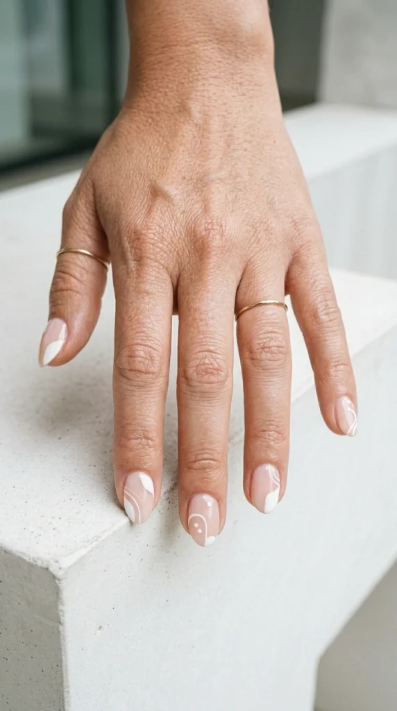 Close-up of negative space almond nails with modern minimalist geometric details.