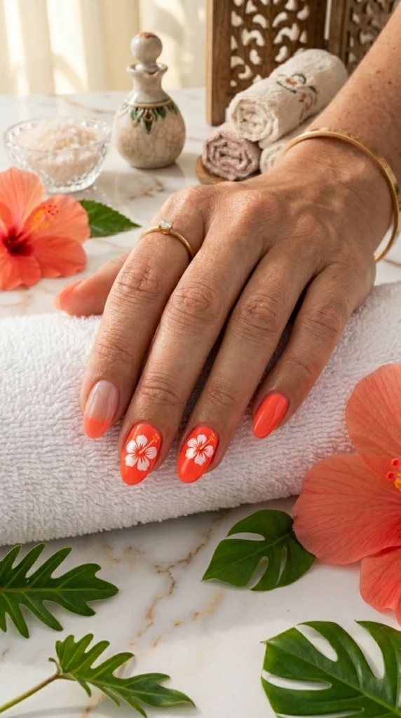 Close-up of glossy neon coral almond nails with subtle summer accent details, a bright summer nail design for 2026.