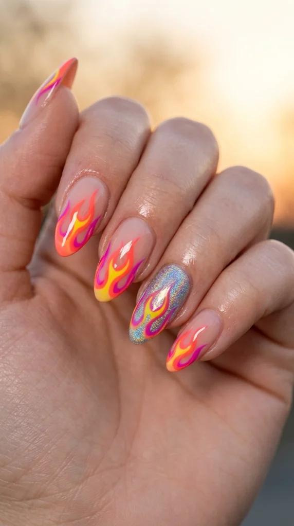 Close-up of neon flame nail art in coral, yellow, and pink on almond nails.