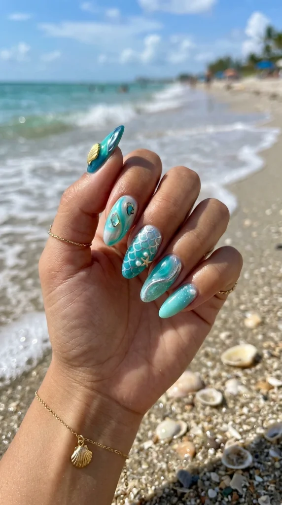 Close-up of turquoise mermaid chrome nails with pearl and seashell details, a popular beach nail trend for summer 2026.