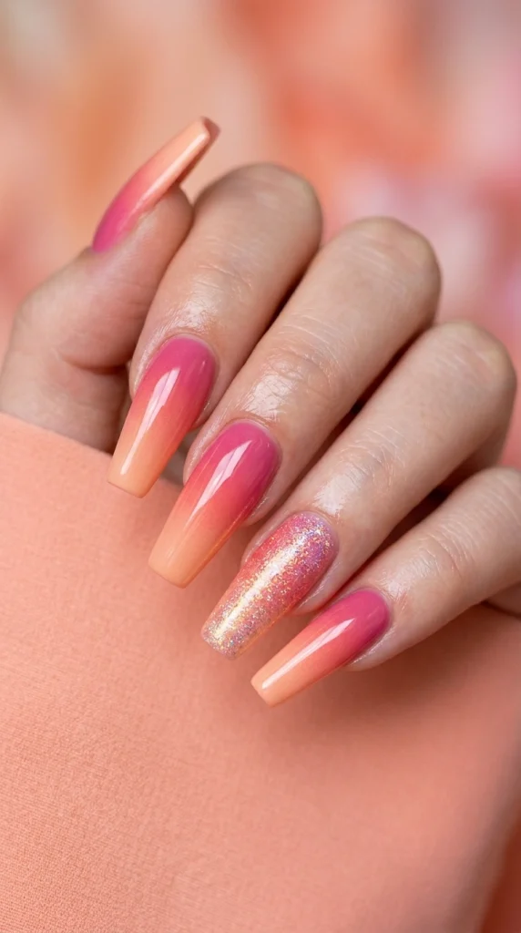 Close-up of long coffin nails with a dramatic pink-to-coral ombré gradient.
