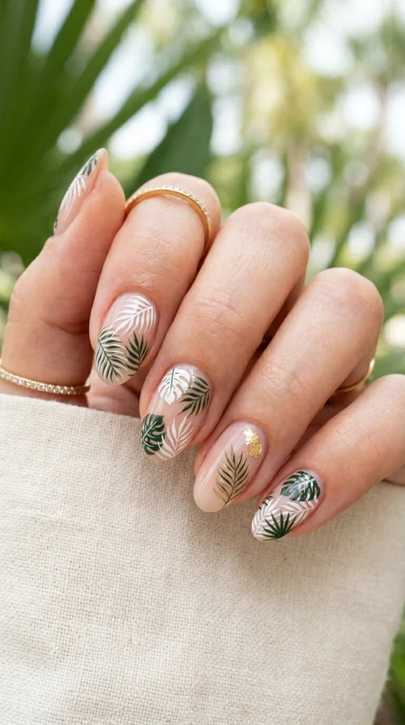 Close-up of milky nude almond nails with green palm leaf nail art.