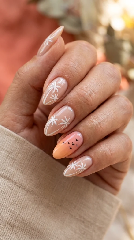 Close-up of nude almond nails with tiny black palm tree silhouette nail art.