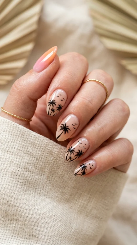 Close-up of nude almond nails with tiny black palm tree accent nail art.