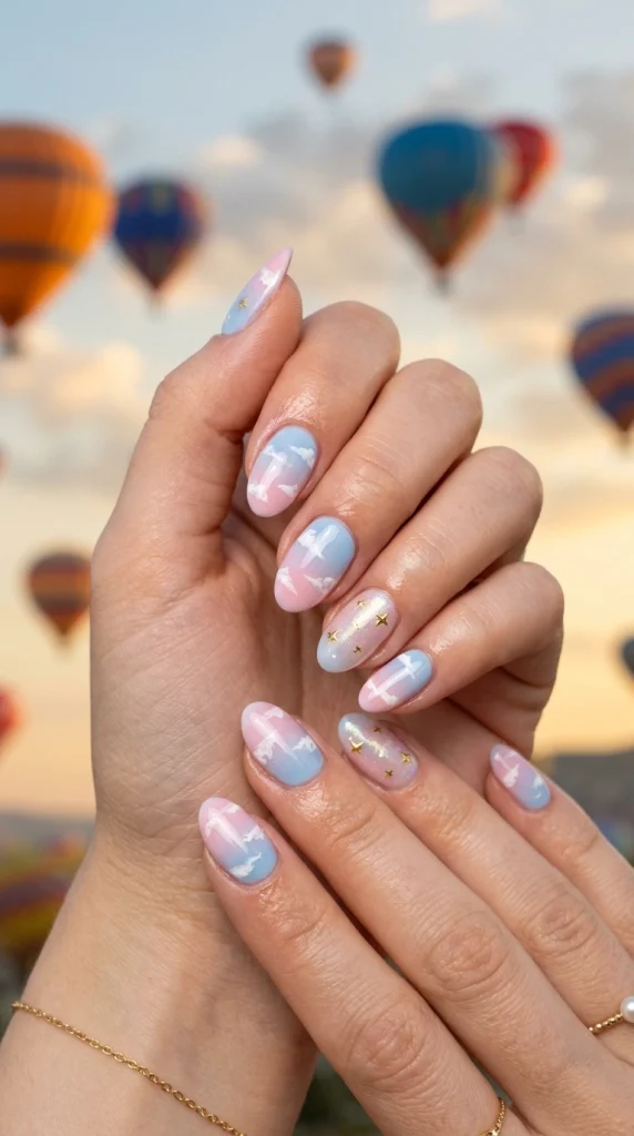 Close-up of pastel blue almond nails with fluffy white cloud nail art.