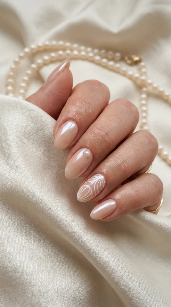 Close-up of pearly glazed almond nails with delicate pearl accents and iridescent shimmer.