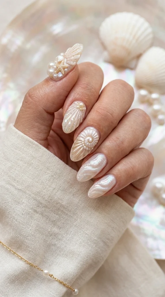 Close-up of pearly seashell almond nails with shell textures and tiny pearl accents.