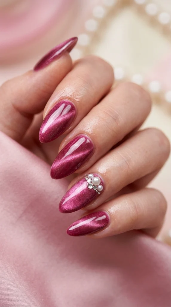 Close-up of pink cat-eye almond nails with magnetic velvet shimmer.