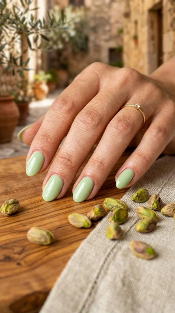 Close-up of glossy pistachio milk almond nails, a soft pastel green summer nail color for 2026.