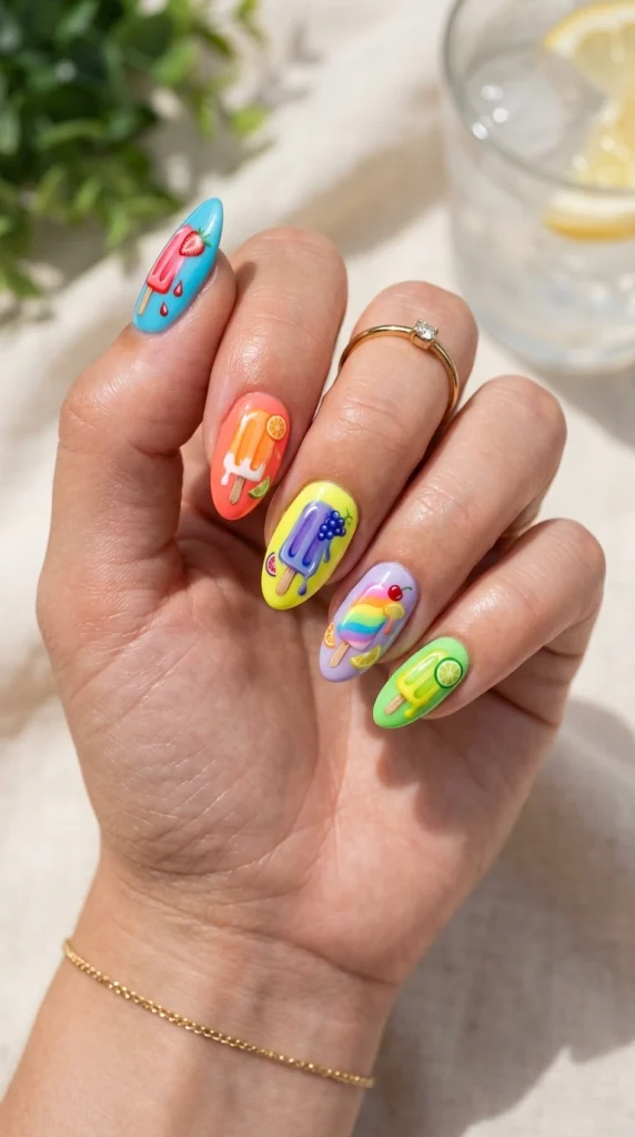 Close-up of colorful popsicle nail art with lemon, pineapple, and citrus-inspired details.