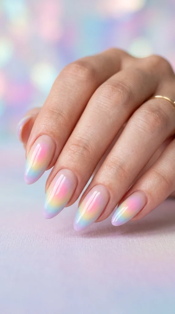 Close-up of rainbow aura almond nails with soft blended multicolor gradients.