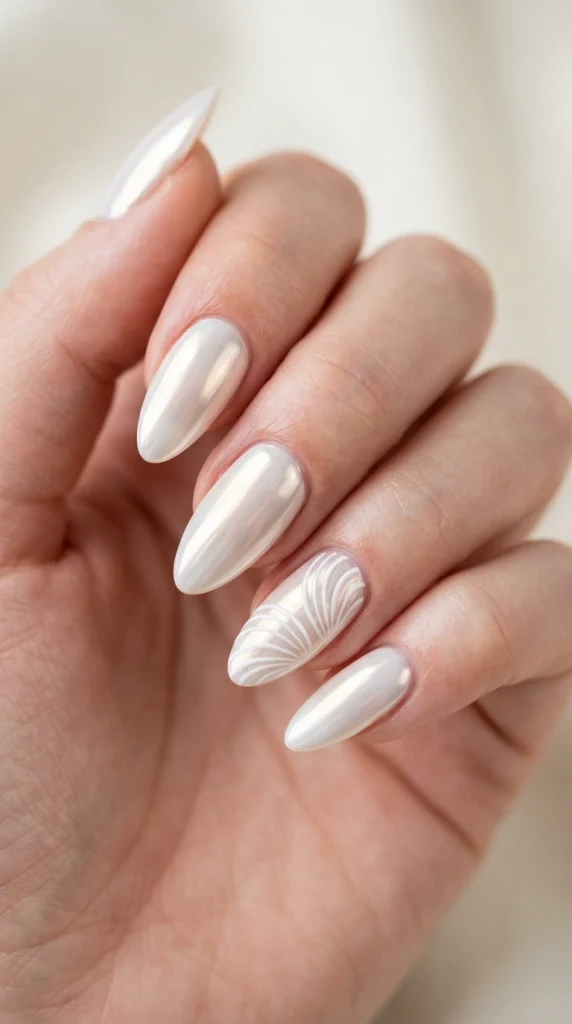 Close-up of pearly white chrome almond nails with a luxe vacation-ready finish.