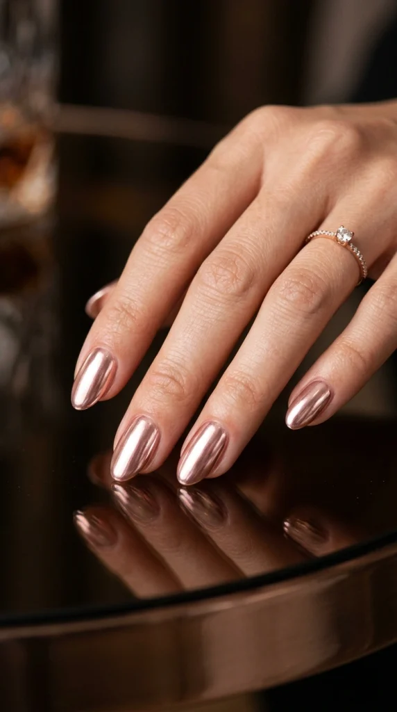 Close-up of reflective rose gold chrome almond nails, a luxurious metallic summer nail color for 2026.