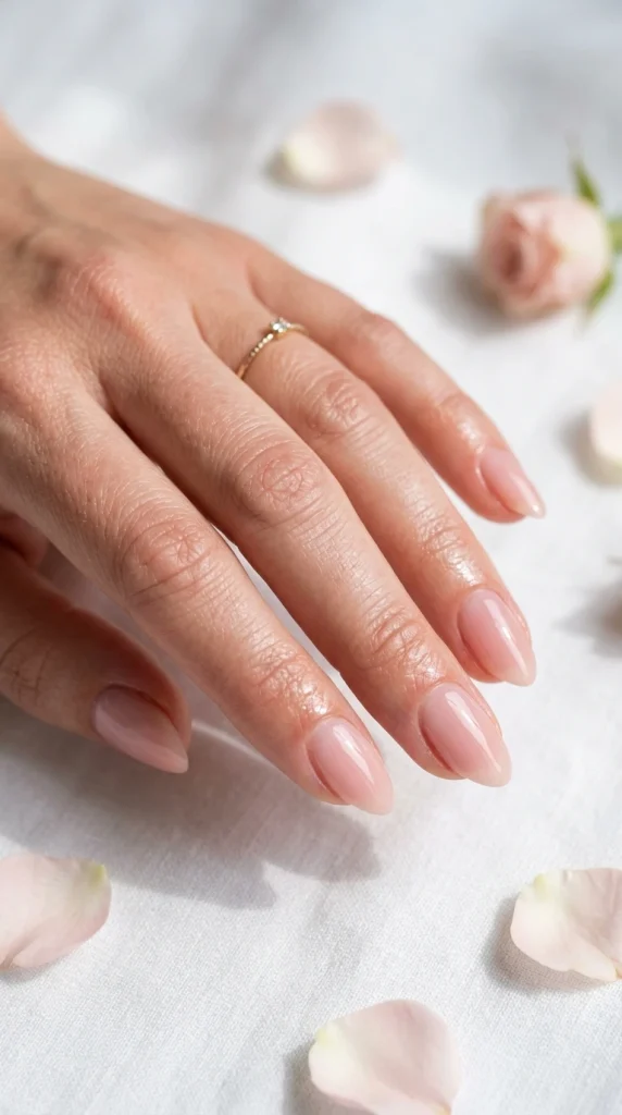 Close-up of glossy rosewater pink almond nails with a sheer natural finish, a trending summer nail look for 2026.