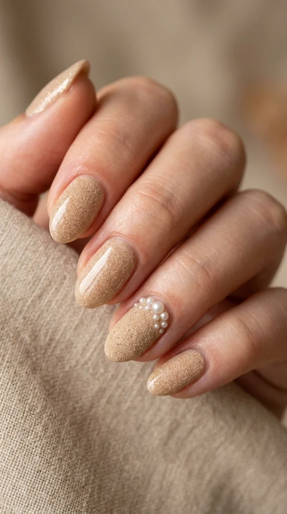 Close-up of beige sand texture almond nails with subtle shimmer.
