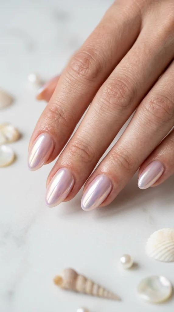 Close-up of pearly seashell chrome nails with an iridescent glazed finish, a major summer nail trend for 2026.