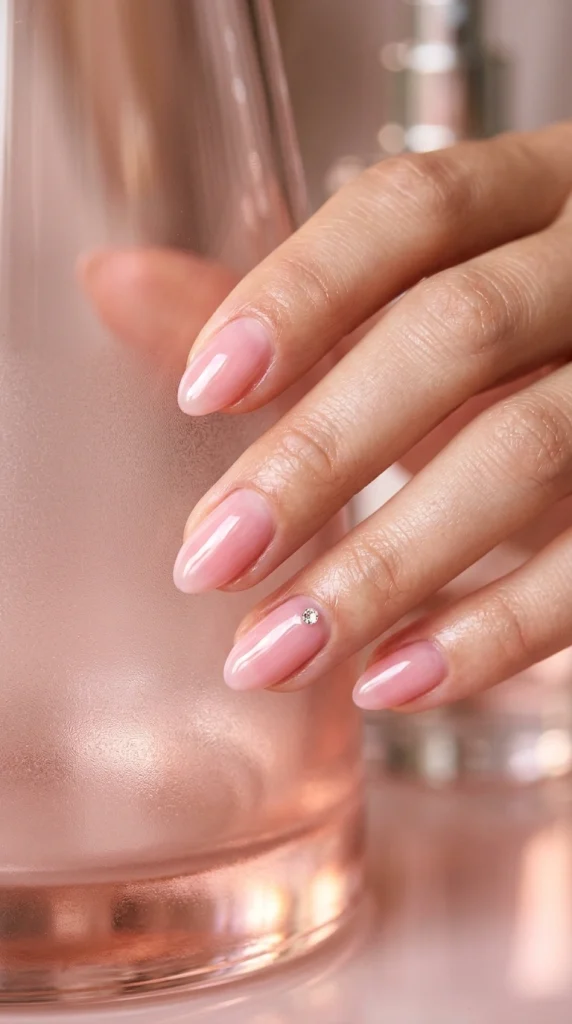 Close-up of glossy sheer rosewater pink almond nails with a natural polished finish.