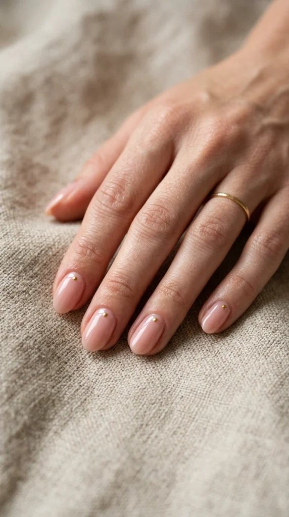 Close-up of sheer nude almond nails with a tiny accent dot near the cuticle.