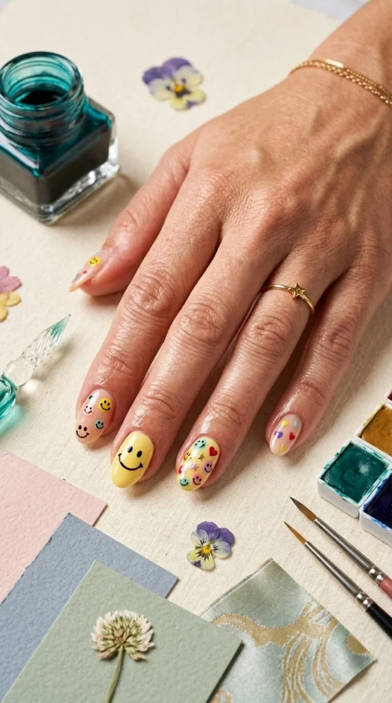 Close-up of pastel almond nails with tiny smiley face nail art.