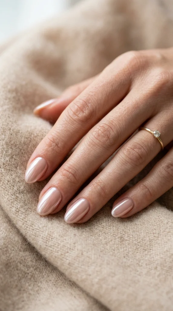 Close-up of beige nude almond nails with a delicate chrome glaze and luminous glossy finish.