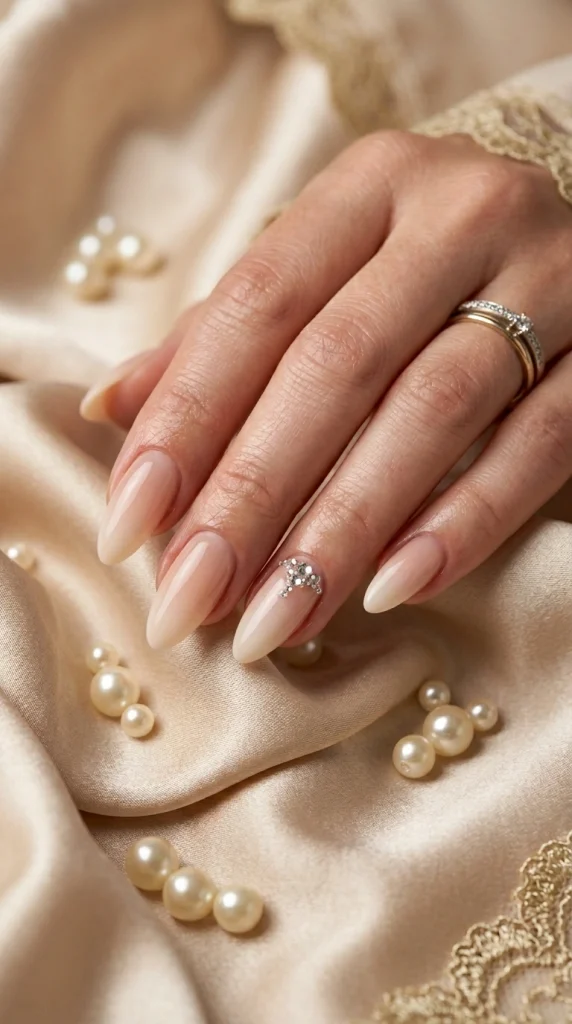 Close-up of soft ombré nude almond nails blending sheer pink into beige.
