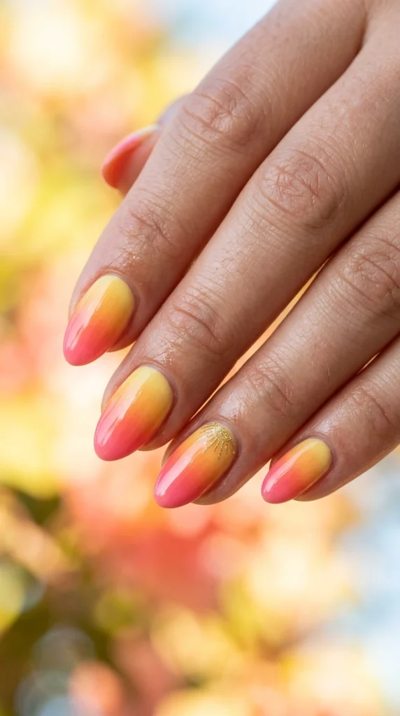 Close-up of solar-inspired gradient nails blending yellow, orange, and pink.
