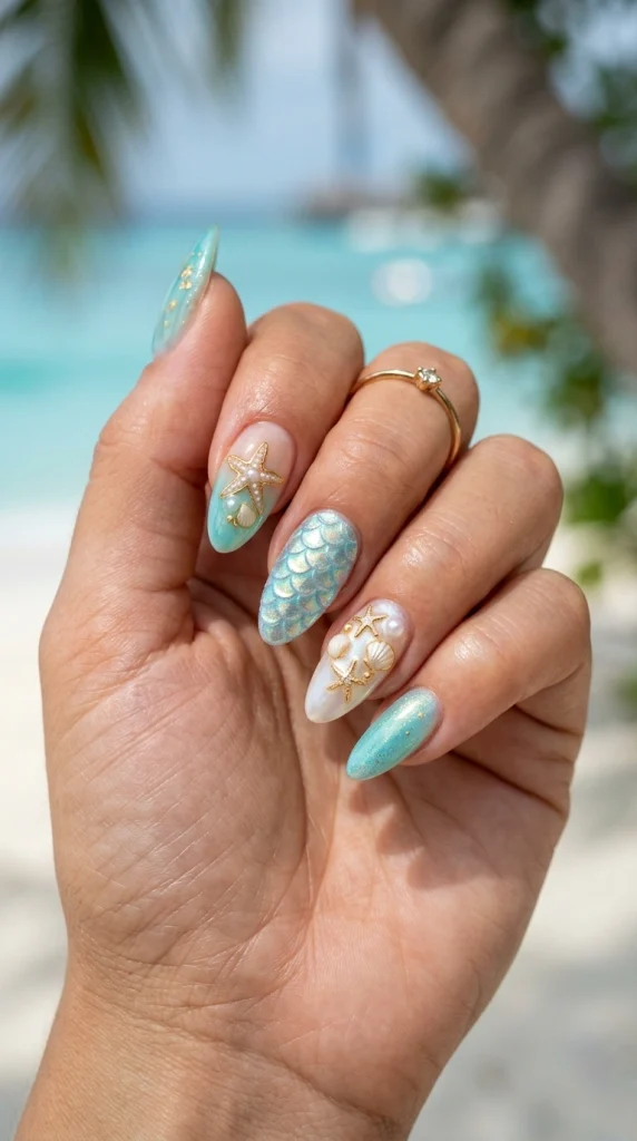Close-up of ocean-inspired almond nails with tiny starfish accent nail art.